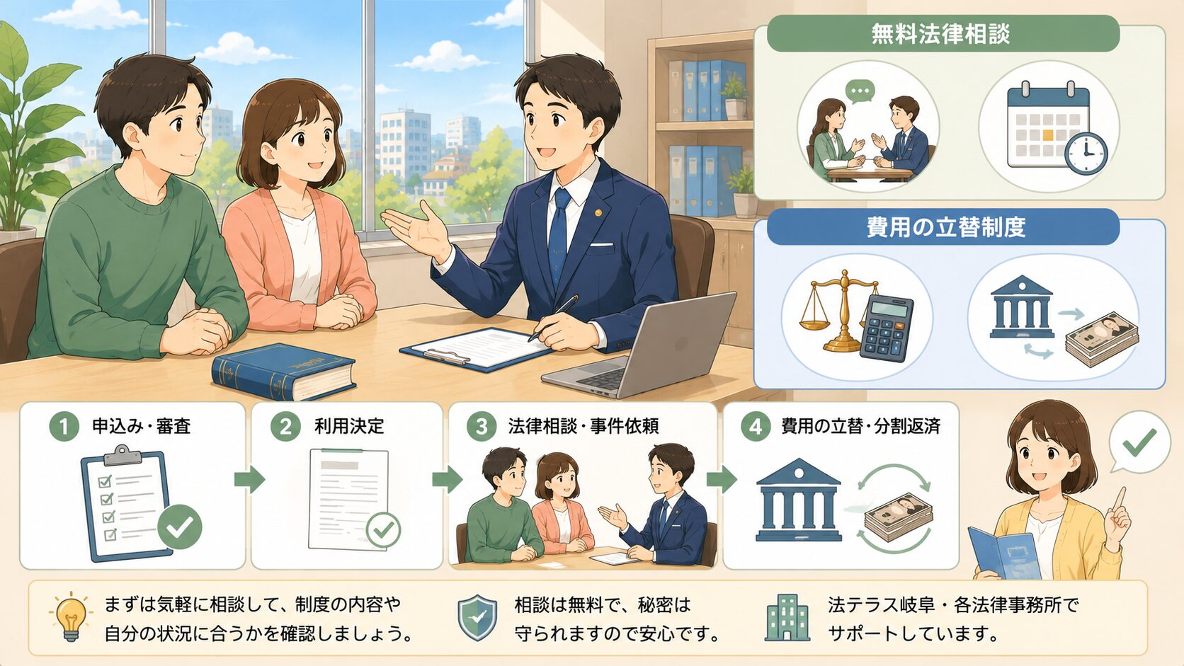 無料法律相談と弁護士や司法書士費用等の立替制度を確認するのイメージ画像