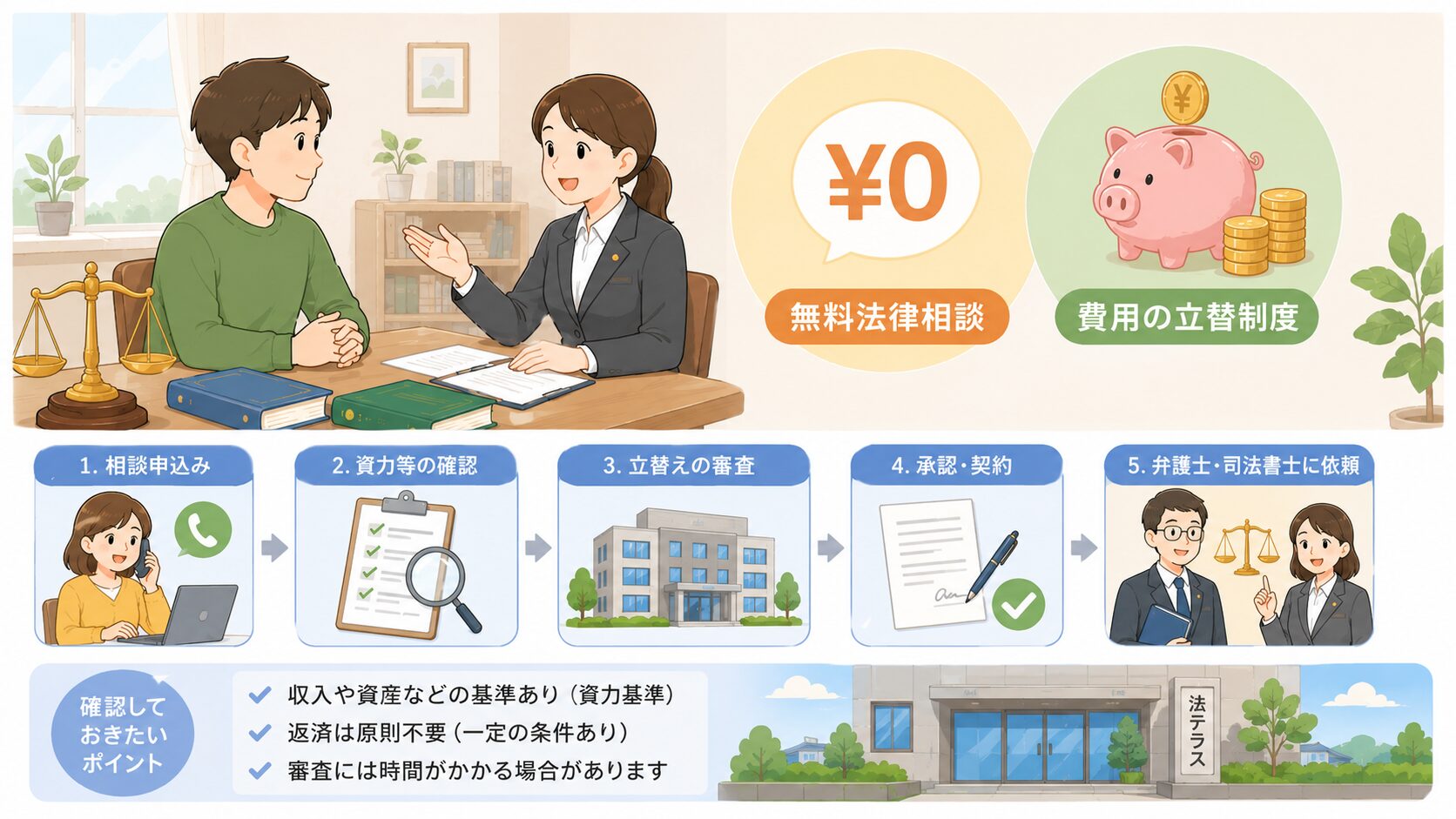 無料法律相談と弁護士や司法書士費用等の立替制度を確認するのイメージ画像